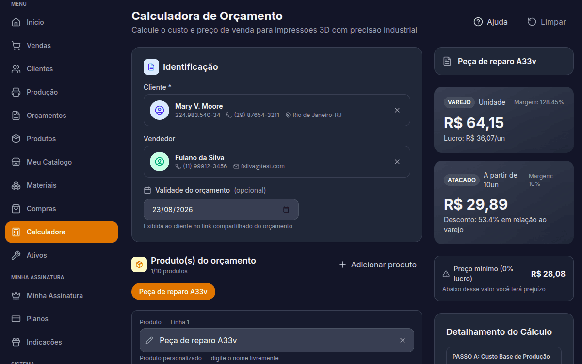 Painel Infinity Maker — calculadora de orçamento com custos, margem e preço de venda